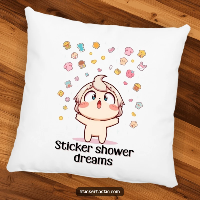 Funny pillow showcasing a character's comical shock as stickers rain down, perfect for adding humor and comfort to any room.