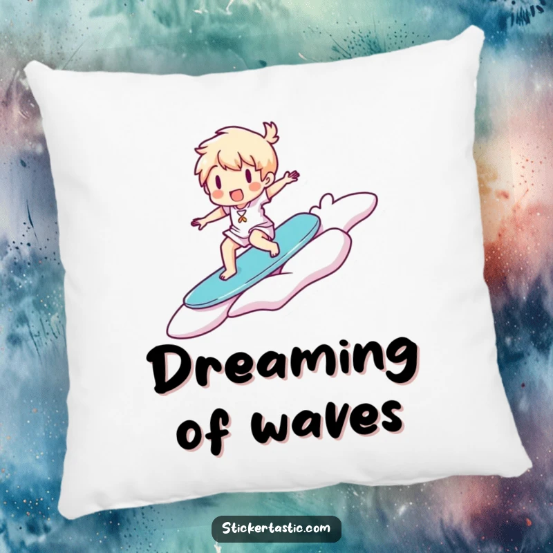 Funny Pillow: Happy character surfs on a giant floating sticker, providing cozy comfort with a touch of whimsical adventure.