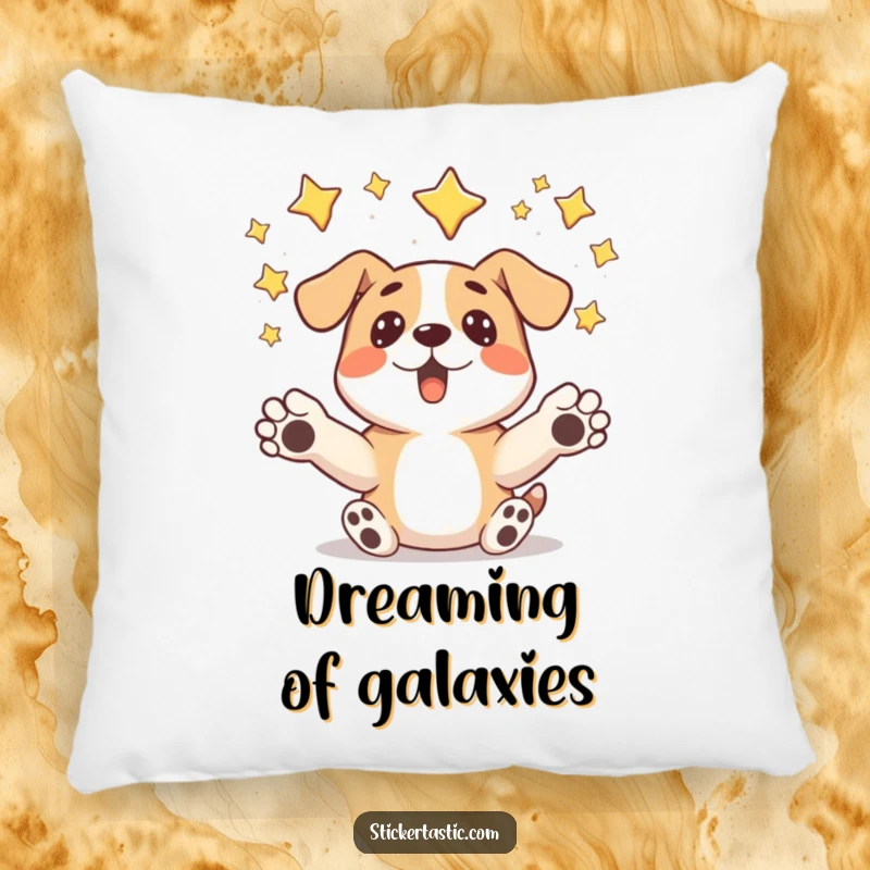 Funny surprised dog pillow showing a dog humorously catching falling stars, adding cute and whimsical decor.
