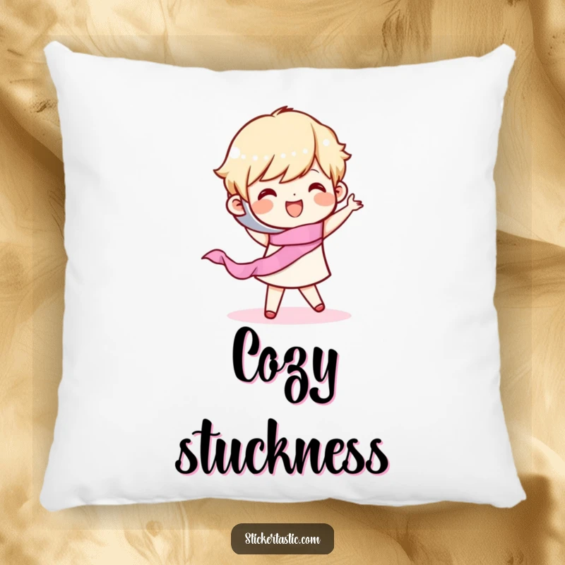 Funny Pillow: A happy character energetically dancing with a roll of tape, adding a playful touch. A great funny gift.
