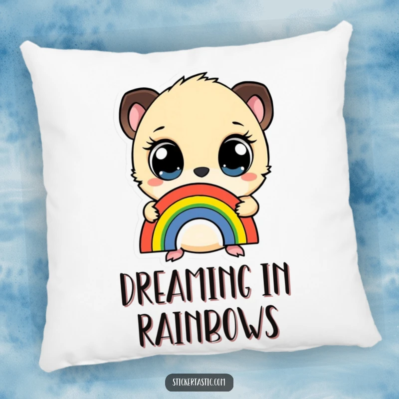 Funny pillow with a small creature sporting wide eyes, holding a rainbow sticker, offering comfort and a touch of adorable decor.