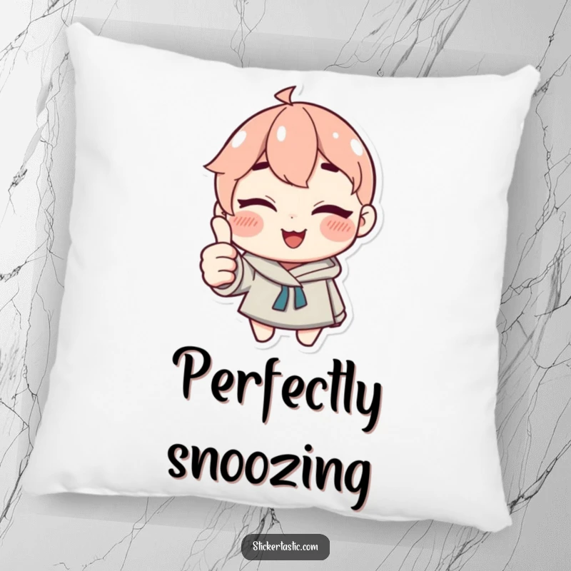 Funny Pillow: Character winking and giving a thumbs up with a sticker, looking relaxed and happy. Ideal funny gift.