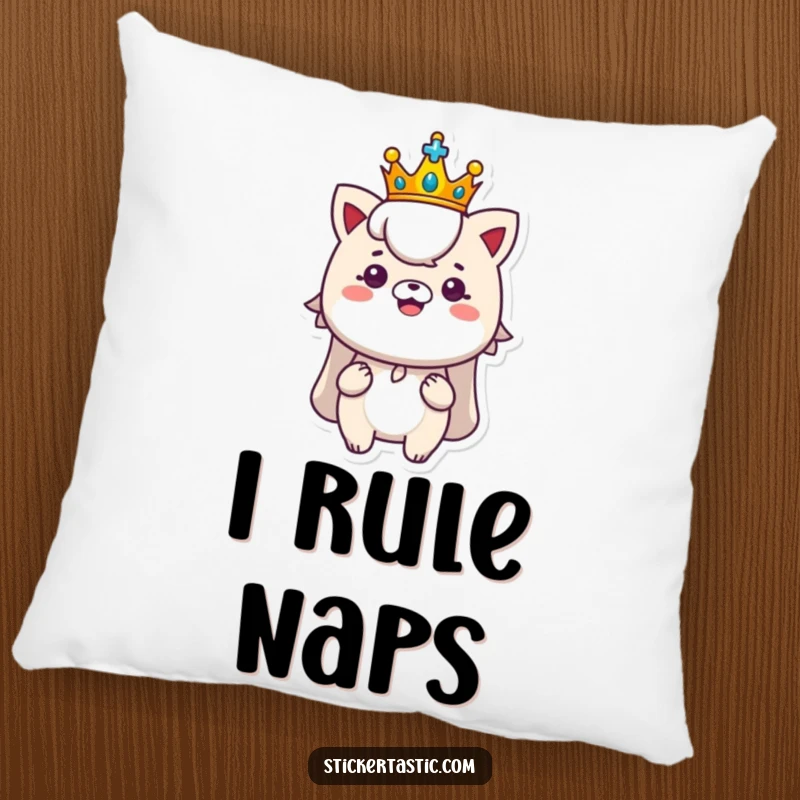 Funny royal pillow featuring a character with a tiny crown proudly displaying a shiny new sticker, comfortable and humorous decor.