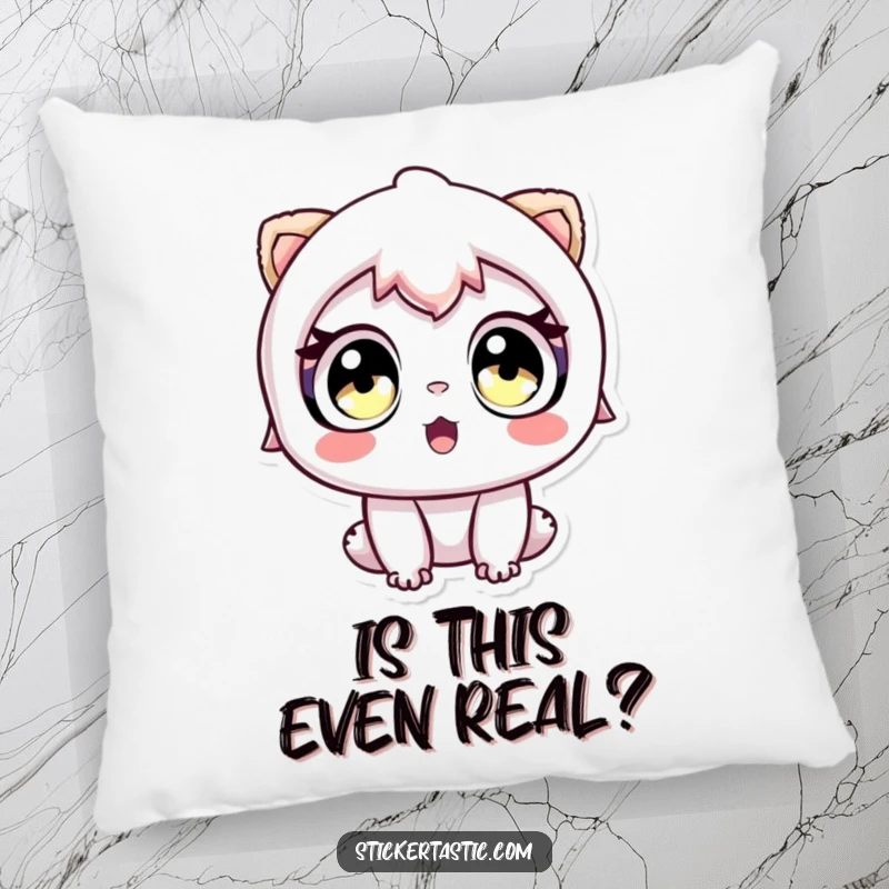 Funny pillow featuring a character with wide eyes looking at a sticker in awe, adding cozy charm.