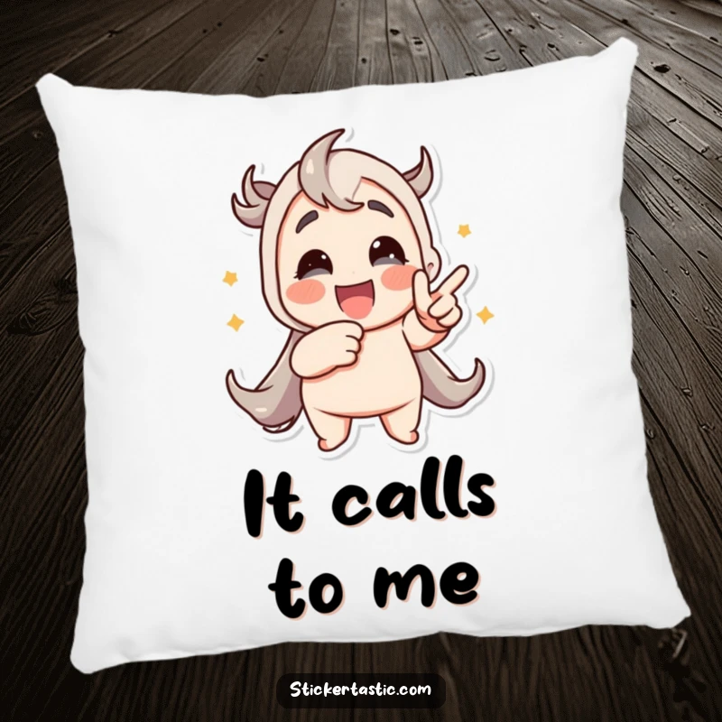 Funny pillow featuring a character pointing at an animated sticker, bringing a touch of playful energy and humor to decor.
