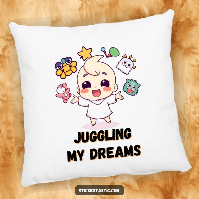 Funny cheerful character juggling vibrant stickers on a pillow, bringing playful energy and color to any space.