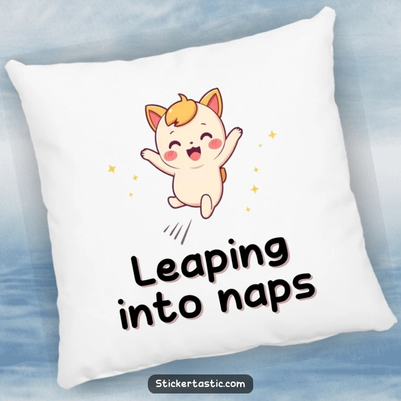 Funny leaping character pillow with a cute character joyfully leaping and leaving behind vibrant, magical sparkly trails.