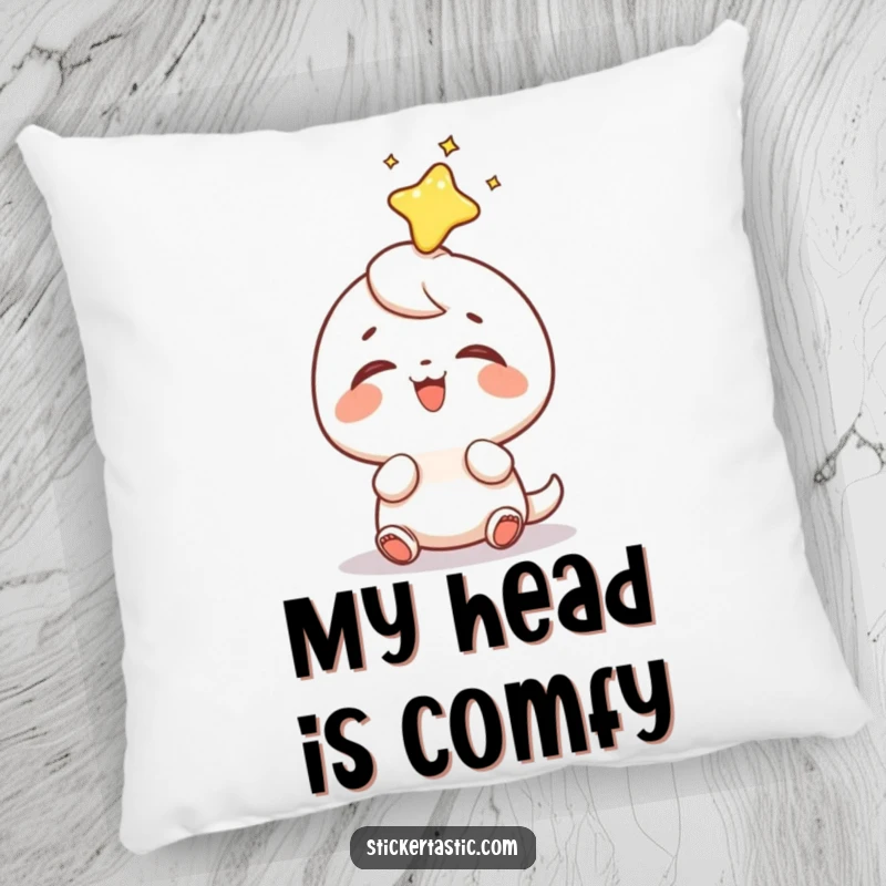Funny sticker head pillow showing a tiny character's pure delight and giggles as a shiny sticker lands playfully on its head, a comforting accent.