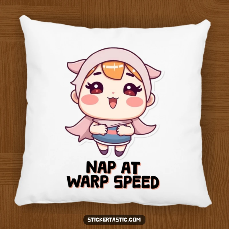 Funny Pillow: Rosy-cheeked character making a sticker go super fast, with a happy, energetic expression. Ideal funny gift.