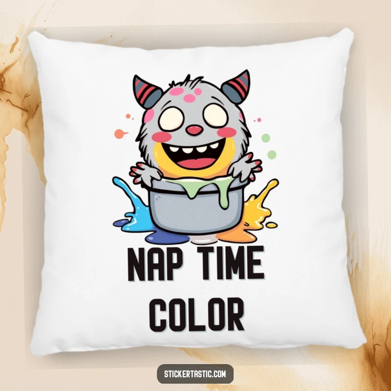 Funny giggling monster splashing paint in a pot, depicted as a soft, decorative pillow for a humorous touch.