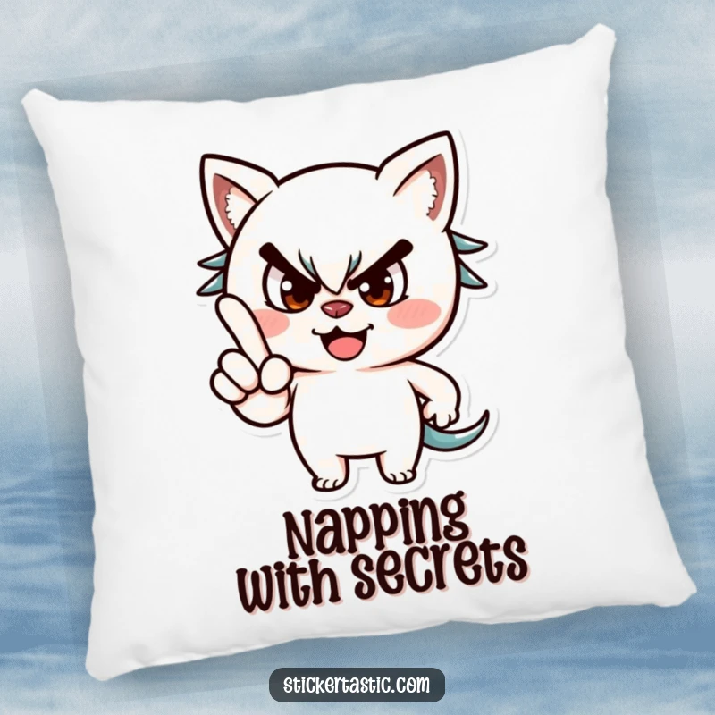 Funny pillow featuring a mischievous character with a playful wink and a pointed finger, adding a touch of cheeky humor.