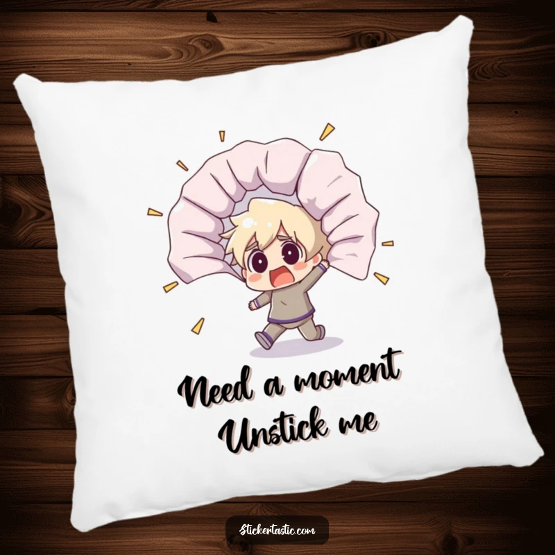 Funny pillow featuring a shocked character stumbling backward from a giant, unfurling sticker, creating a comical and startling visual.