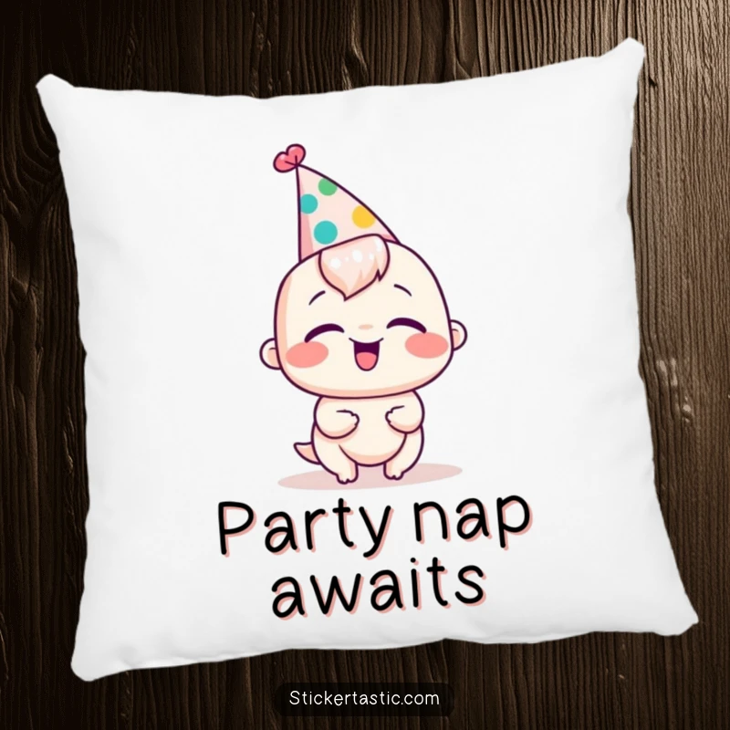 Funny pillow featuring a character wearing a silly hat and giggling uncontrollably. A soft and humorous accent.