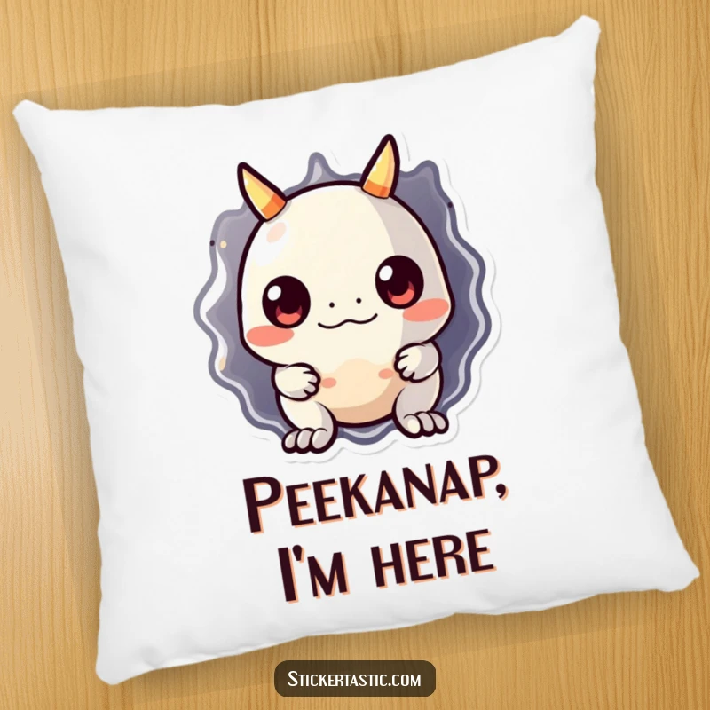 Funny monster pillow displaying a cute, shy monster peeking from behind a big, shiny sticker. Perfect for adding playful comfort.