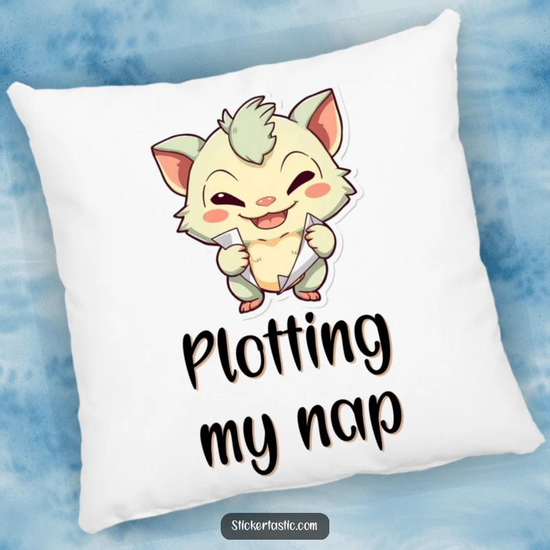 Funny creature with a mischievous grin peeling a sticker on a pillow, adding a touch of lighthearted mischief to comfort.