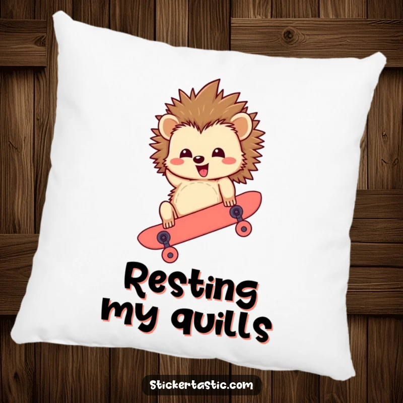 Funny Hedgehog Pillow: A soft pillow showcasing a happy hedgehog character riding a skateboard upside down, the epitome of comfy, hilarious adventure.