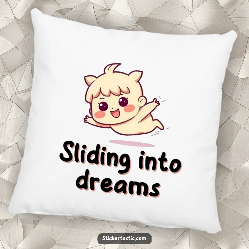 Funny pillow depicting a character sliding across a surface with a happy, determined expression, embodying joyful momentum.