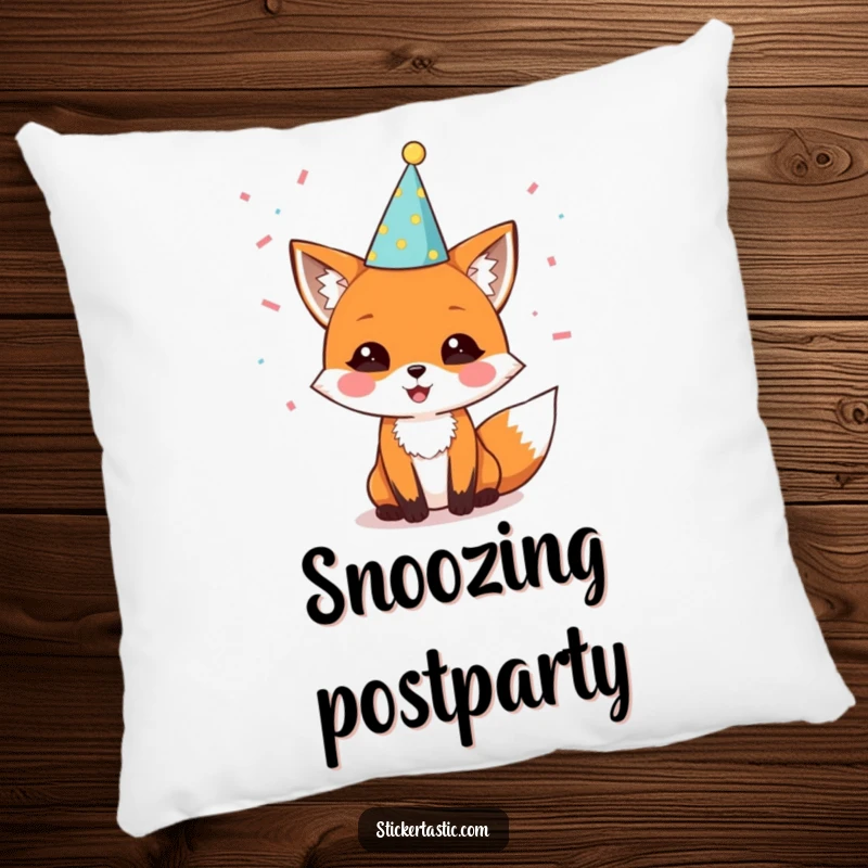 Funny pillow featuring a delighted fox wearing a party hat with confetti, perfect for adding a festive and joyful touch to any cozy spot.