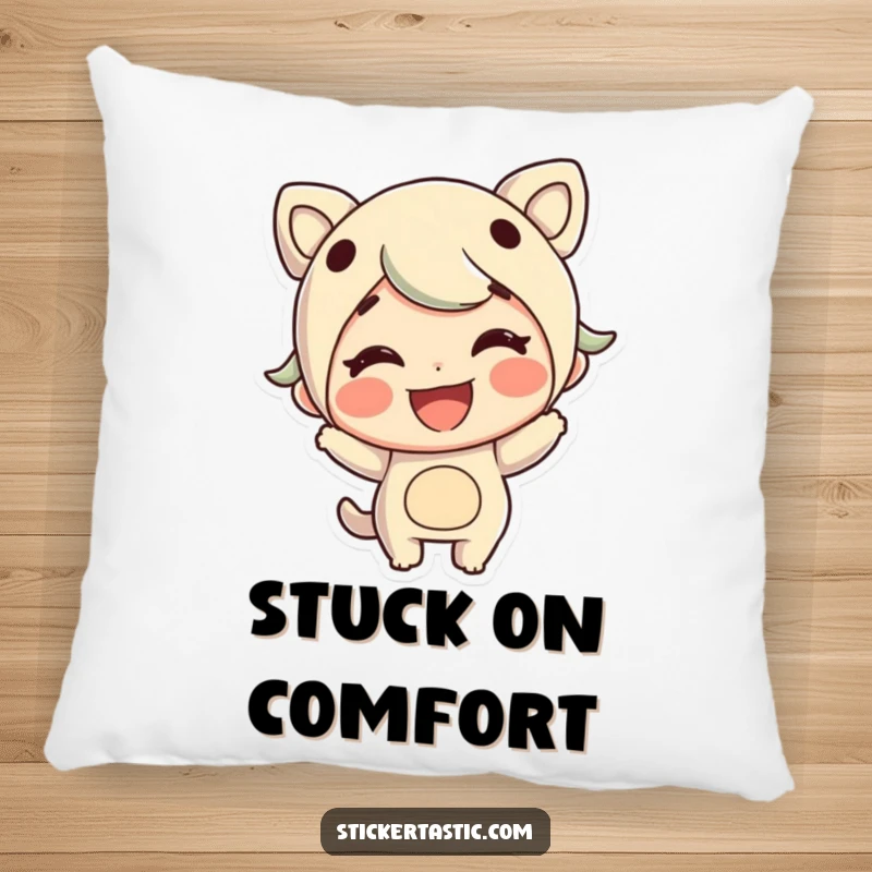 Funny soft pillow with a cheerful character grinning while sticking a large sticker, perfect for comfort.
