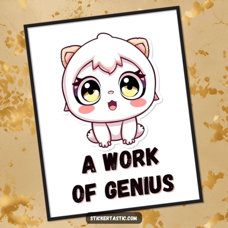 Funny digital art print of a character with wide eyes looking in awe at a sticker, bringing wonder indoors.