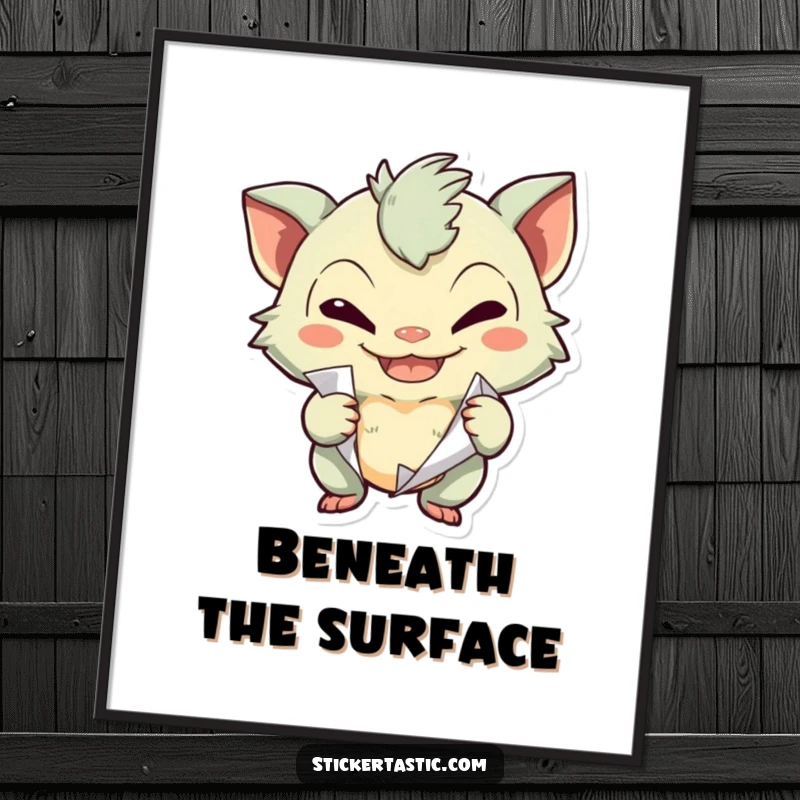 Funny creature with a mischievous grin peeling a sticker, available as a digital art print for immediate playful vibes.