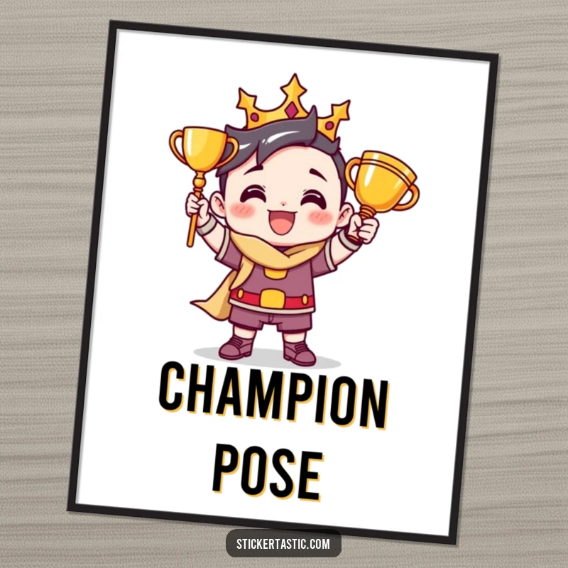 Funny digital art print of a victorious cartoon character striking a triumphant pose with a trophy, radiating success and joy.