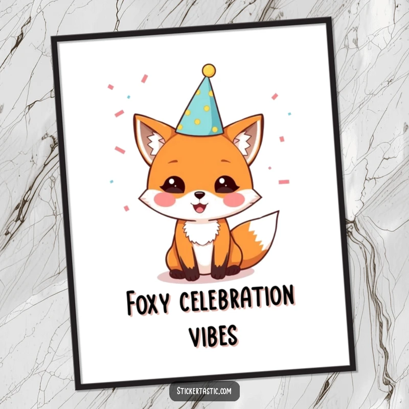 Funny digital art print of a delighted fox wearing a party hat with confetti falling, perfect for instant download and festive wall decor.
