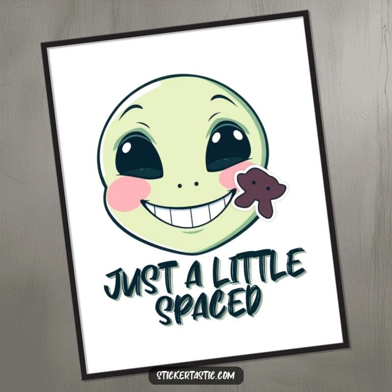 Funny grinning alien face with a sticker on its cheek digital art print, a mischievous alien with a sticker and a grin, ready for funny decor.