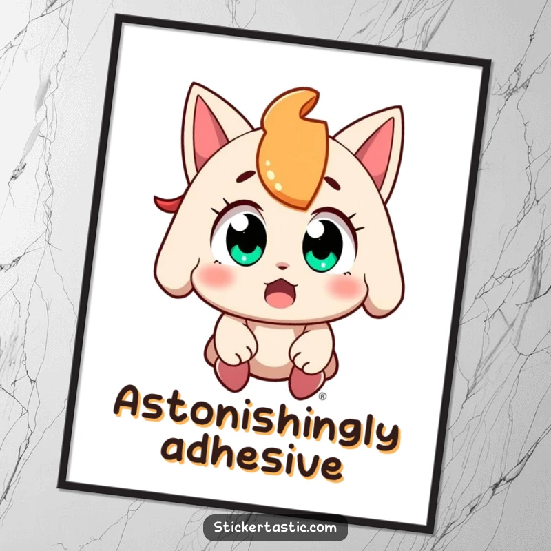 Funny character with wide, amazed eyes catching a falling sticker, digitally rendered art print, radiating collector's joy, a perfect instant gift.