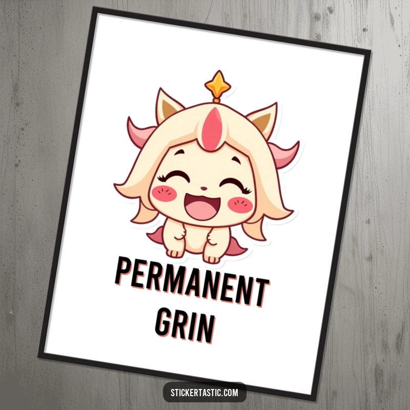 Funny Digital Art Print of a stylized character with an enormous, beaming smile, radiating pure happiness and infectious positivity.