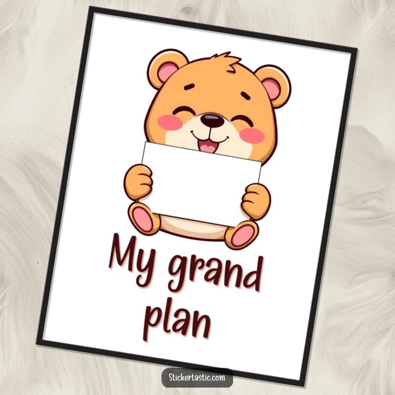 Funny bear digital art print of a mischievous character holding a blank sticker, inviting creativity and personalization with a whimsical and grinning bear.