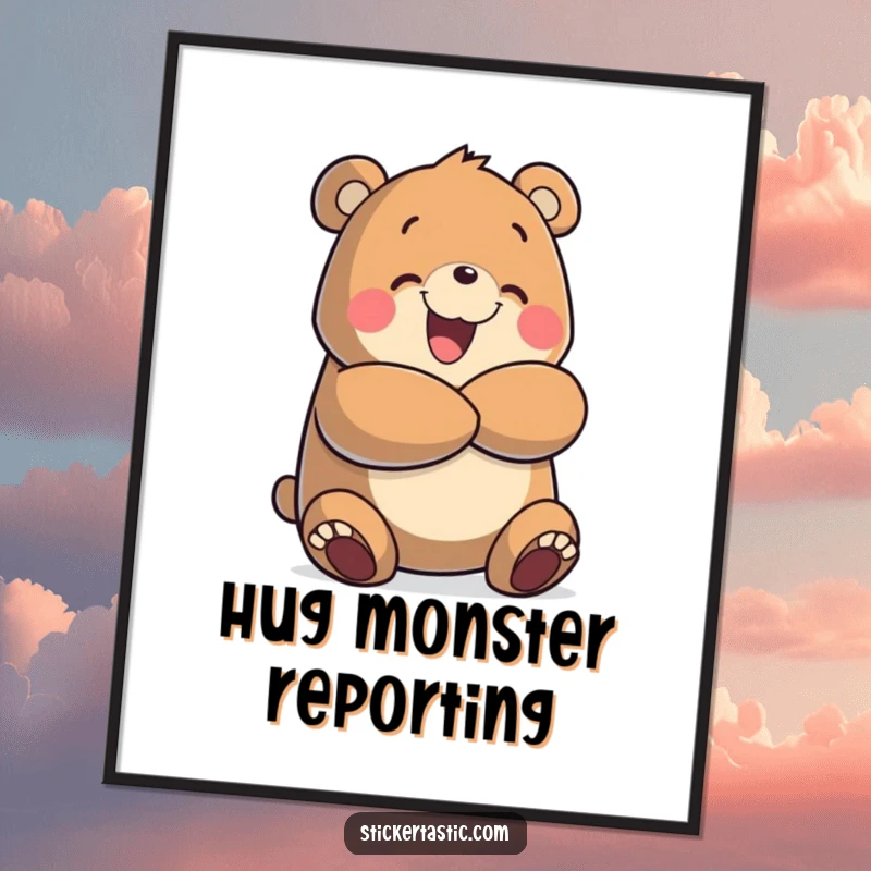 Funny digital art print of a cheerful bear character giving a large, enthusiastic hug, perfect for instant download and cheerful wall decoration.