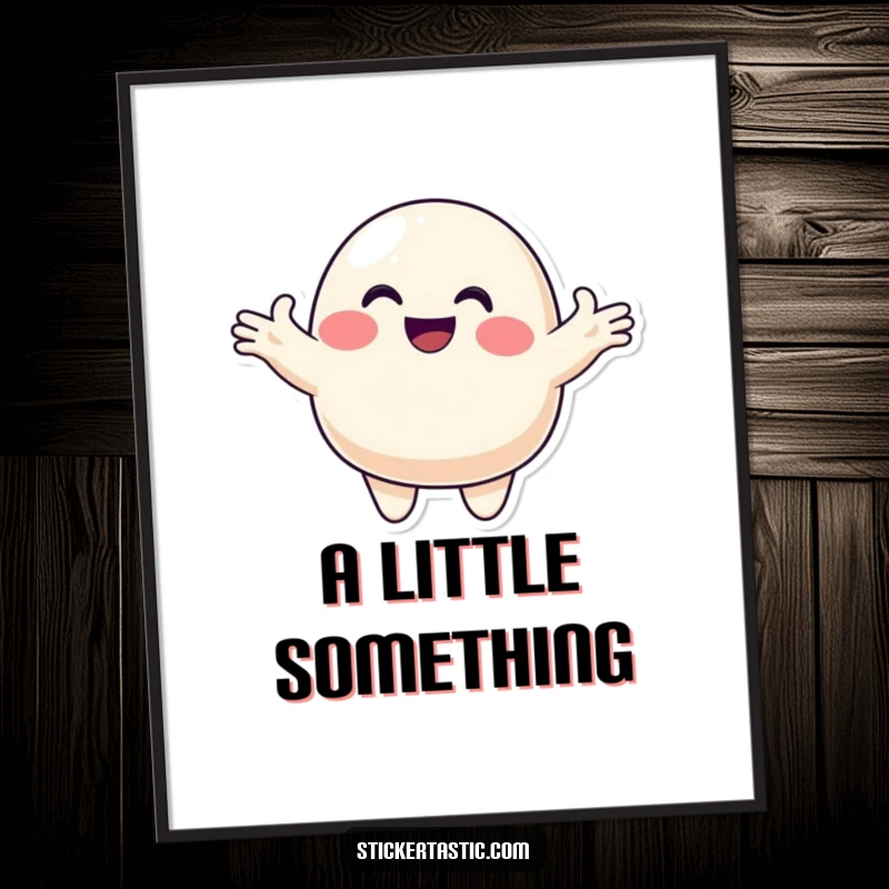 Funny blob digital art print of a smiling character with arms outstretched, offering a colorful sticker, symbolizing generosity and cheerful connection.