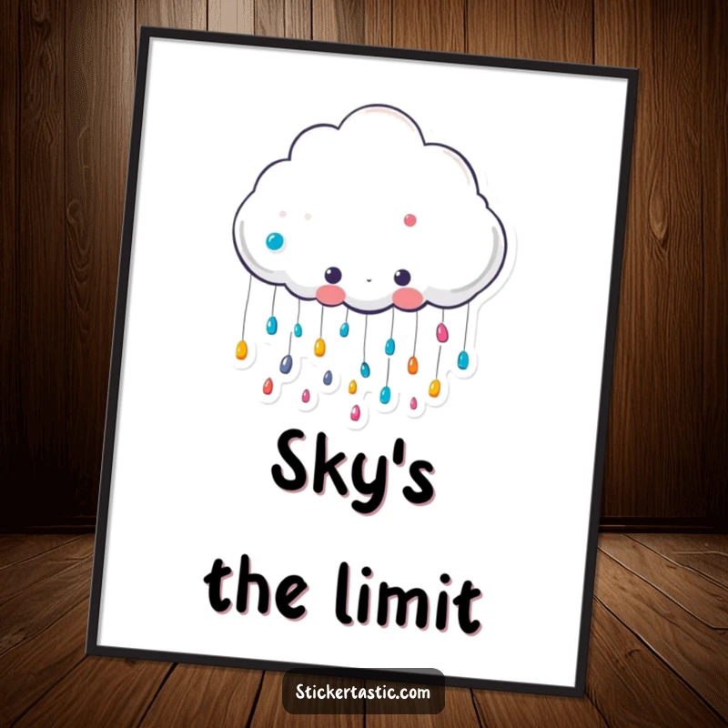 Funny cute cloud character raining colorful stickers digital art print, a happy cloud showering stickers, ready to bring funny, cheerful vibes.
