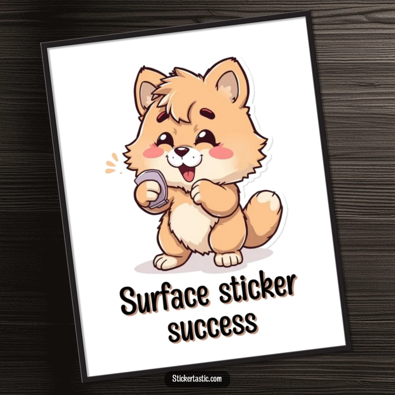Funny furry character enthusiastically slapping a sticker onto a surface, as a digital art print, capturing dynamic humor.