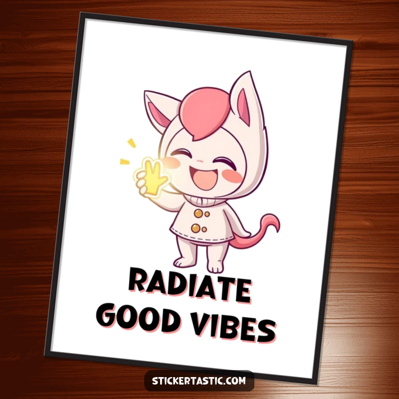 Funny digital art print of a mischievous character giggling while handing out a glowing sticker, instant decor joy.