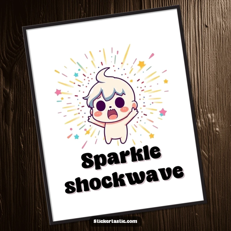 Funny digital art print of a surprised cartoon character recoiling from a dazzling and sudden glitter bomb explosion.