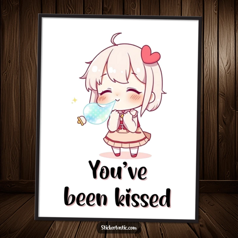 Funny Digital Art Print showing a character blowing a kiss towards a shimmering sticker, ready for instant download.