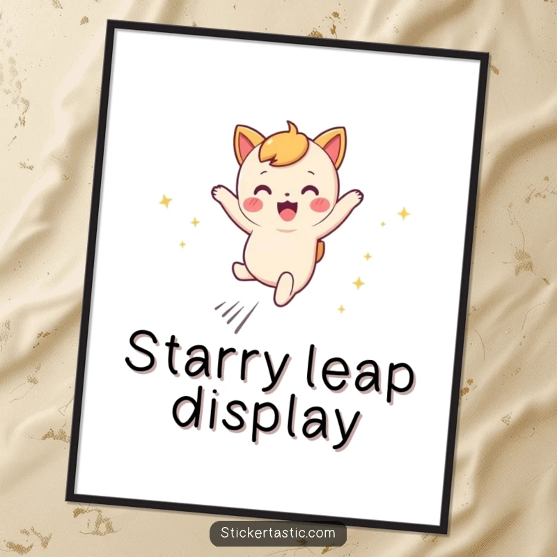 Funny leaping character digital art print of a cute character joyfully leaping, with stunning, shimmering sparkly trails.