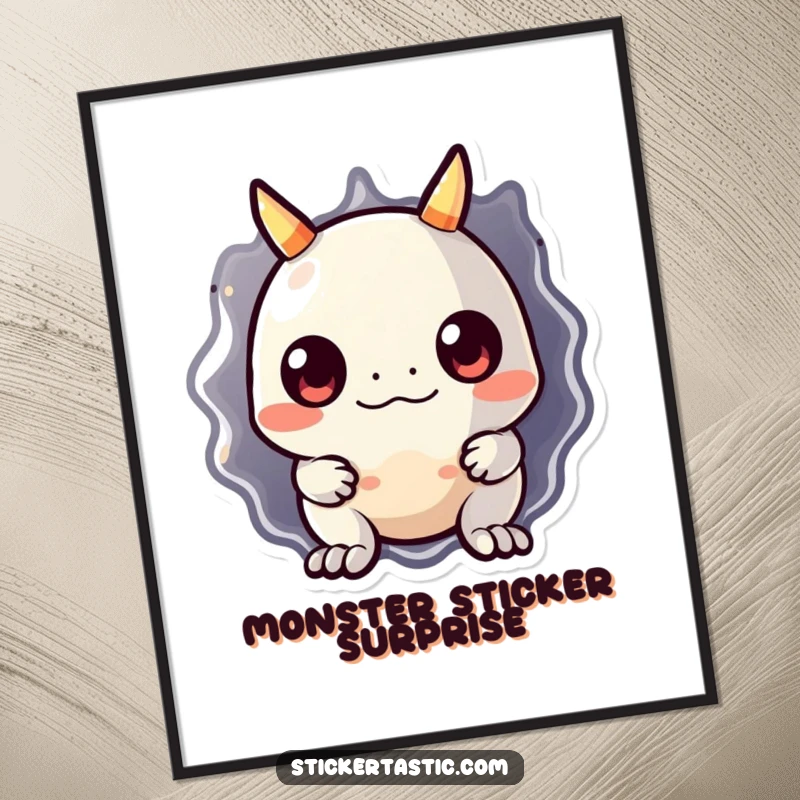 Funny monster digital art print featuring a cute, shy monster peeking from behind a large, shiny sticker. Playful and whimsical illustration.