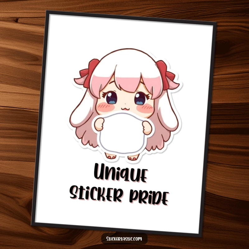 Funny digital art print of a character with rosy cheeks proudly showcasing a special, uniquely shaped sticker, radiating accomplishment.