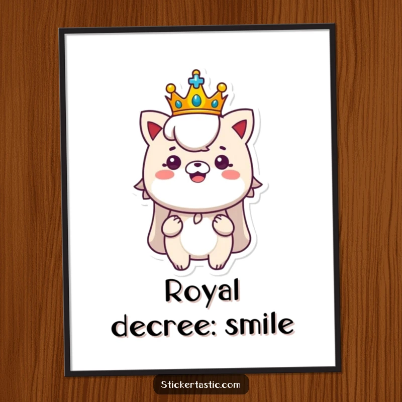 Funny royal digital art print of a character with a tiny crown proudly displaying a shiny new sticker, perfect for instant regal humor.