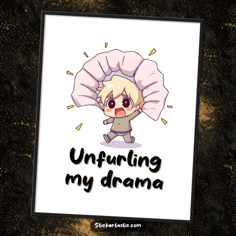 Funny digital art print of a shocked character recoiling from a massive, unfurling sticker, a comical and startling scene.