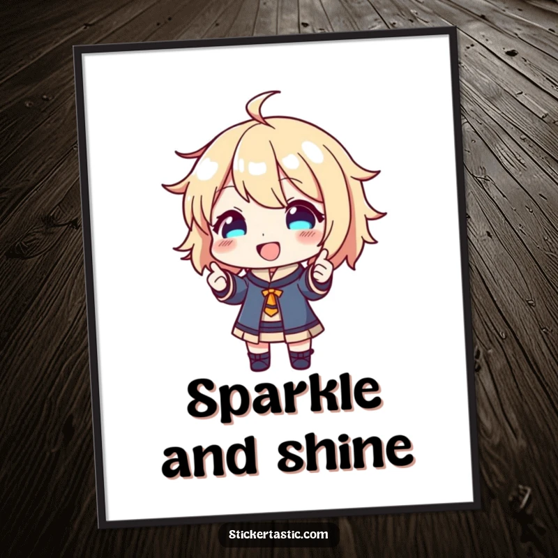 Funny Digital Art: Happy character proudly showing off a shiny new sticker, radiating delight. Perfect funny gift.