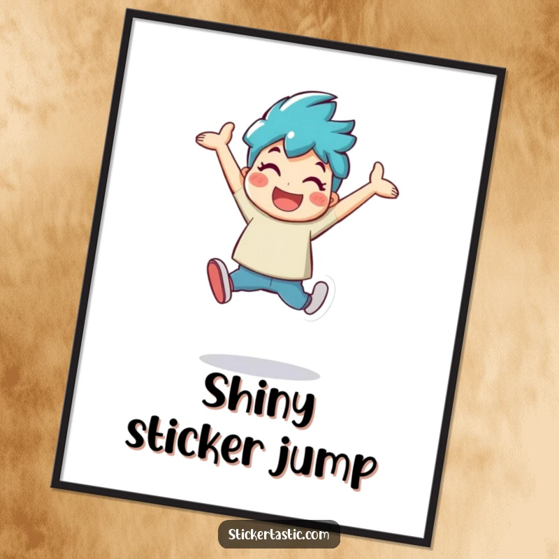 Funny character leaping with a large, shiny sticker, as a digital art print, capturing pure, unadulterated joy.