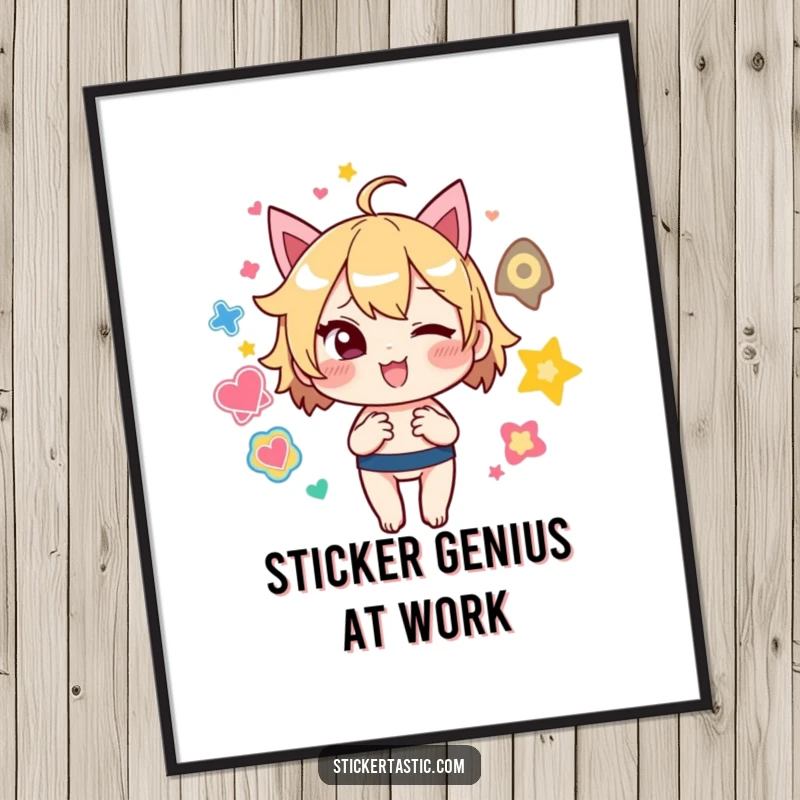 Funny Digital Art: Mischievous character winks while skillfully juggling a spectrum of colorful stickers, full of playful energy.