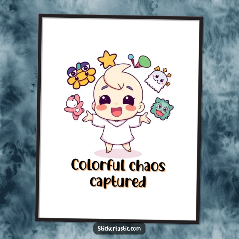 Funny cheerful character juggling vibrant stickers, available as a digital art print for immediate colorful joy.