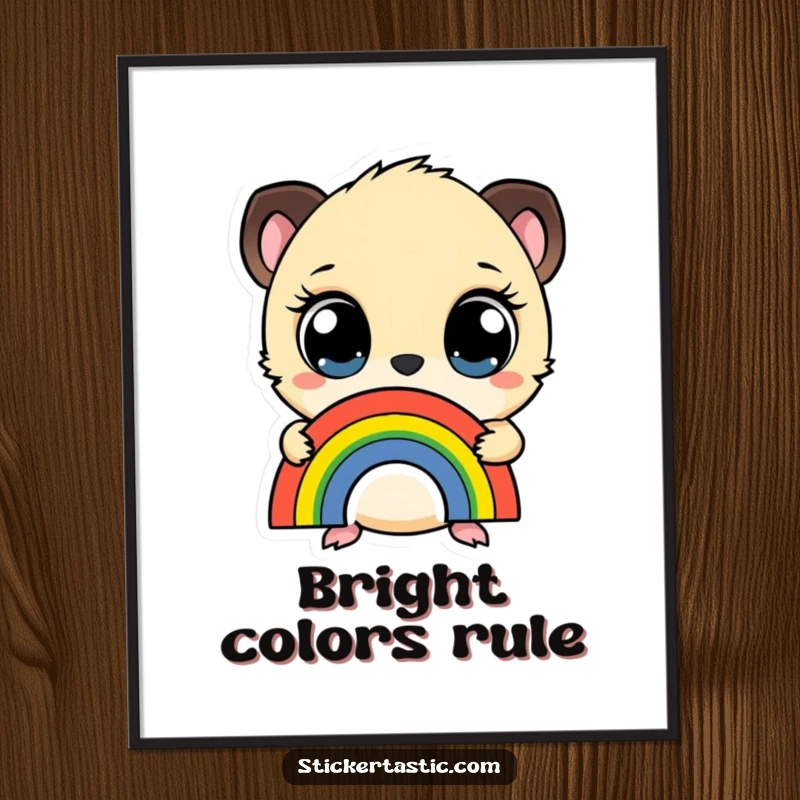 Funny digital art print of a small creature with wide eyes holding a rainbow sticker, ready to add whimsical charm to your decor.