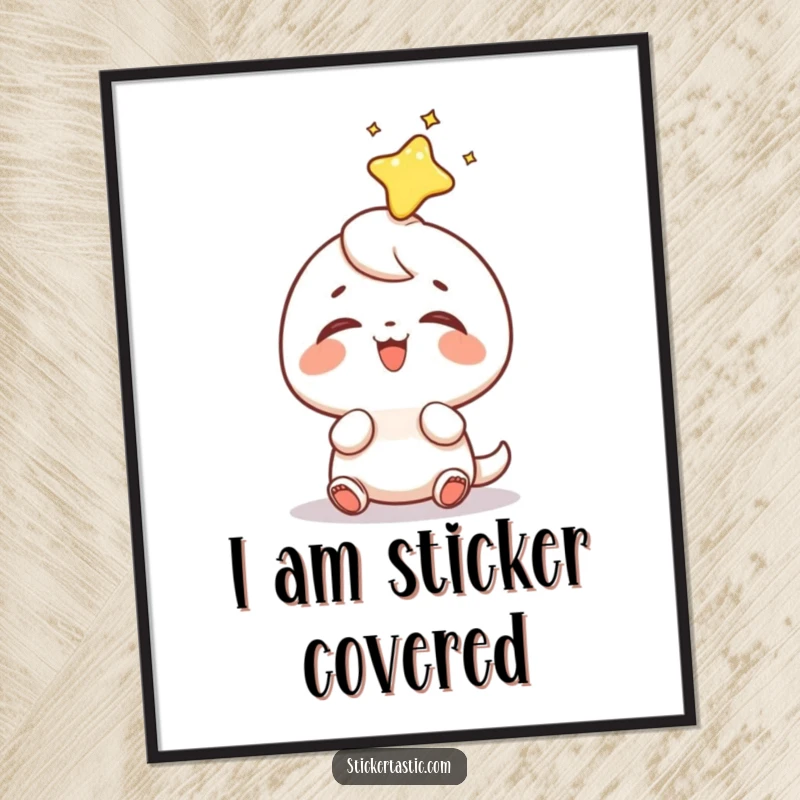 Funny sticker head digital art print of a small character giggling with pure joy as a shiny sticker lands perfectly upon its head, instant art.