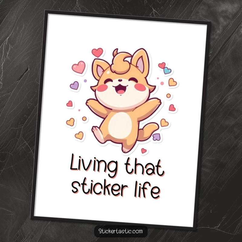 Funny Digital Art: High-quality print of a joyful creature bouncing amidst a delightful sticker collection.